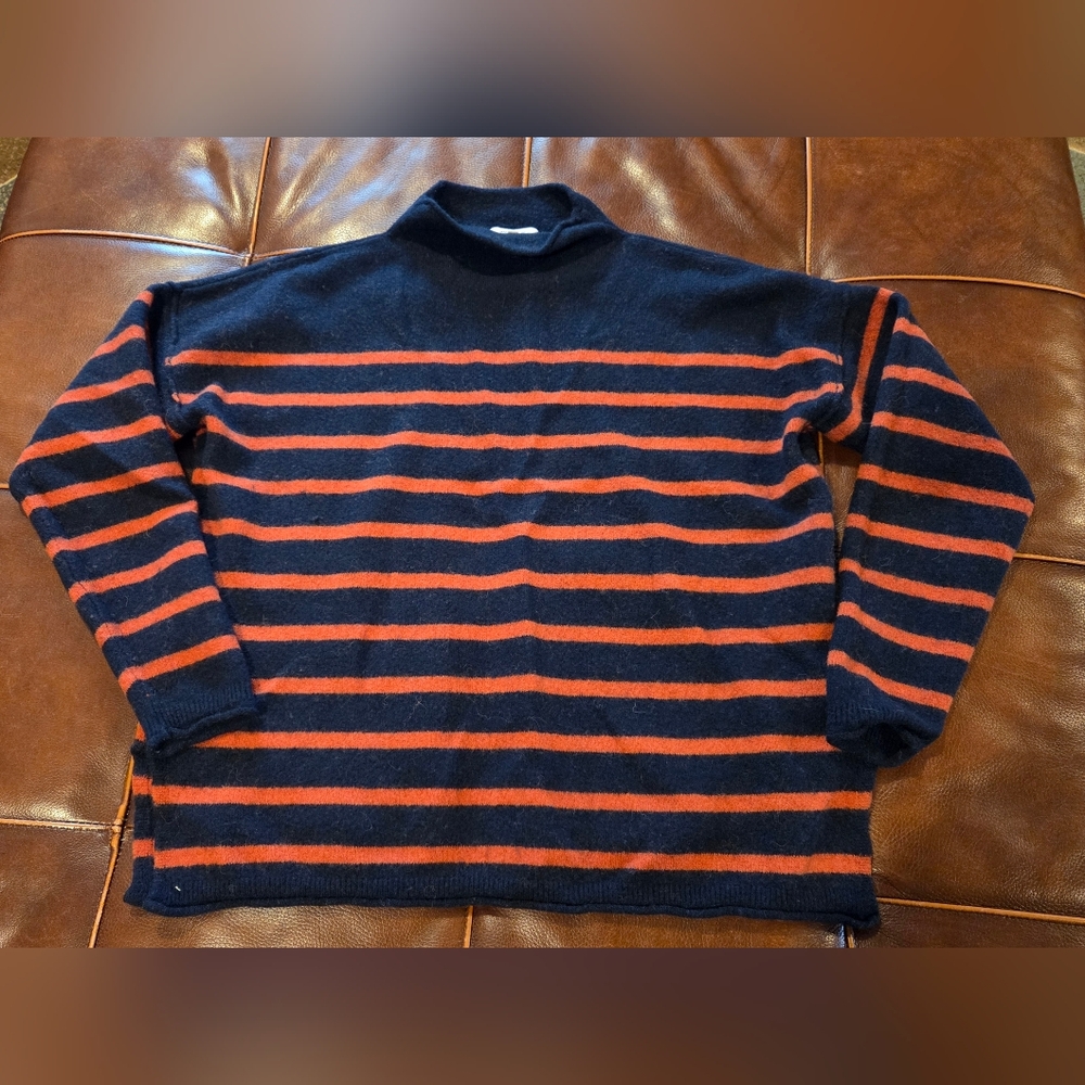 Madewell Navy and Orange Striped Mockneck Sweater Size Large